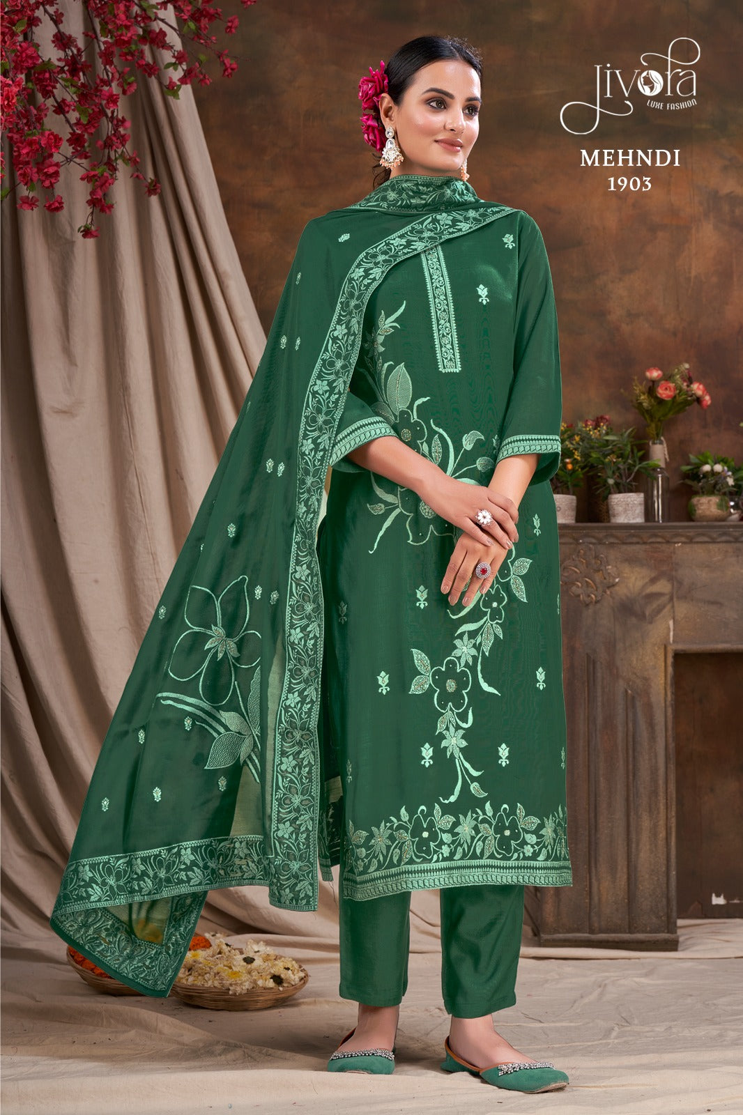 Buy Mehendi Bandhani Semi Crepe Readymade Salwar Suit - Koskii